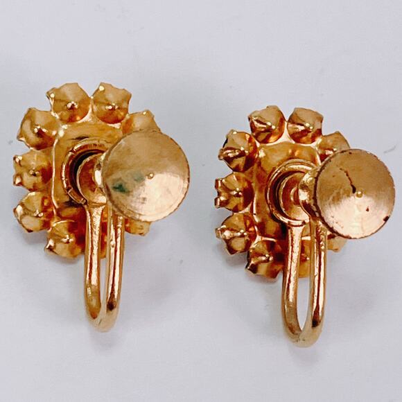 Vintage 1940s Guilloche Rose Rhinestone Gold Tone Screw Back Earrings Dainty - Picture 9 of 10
